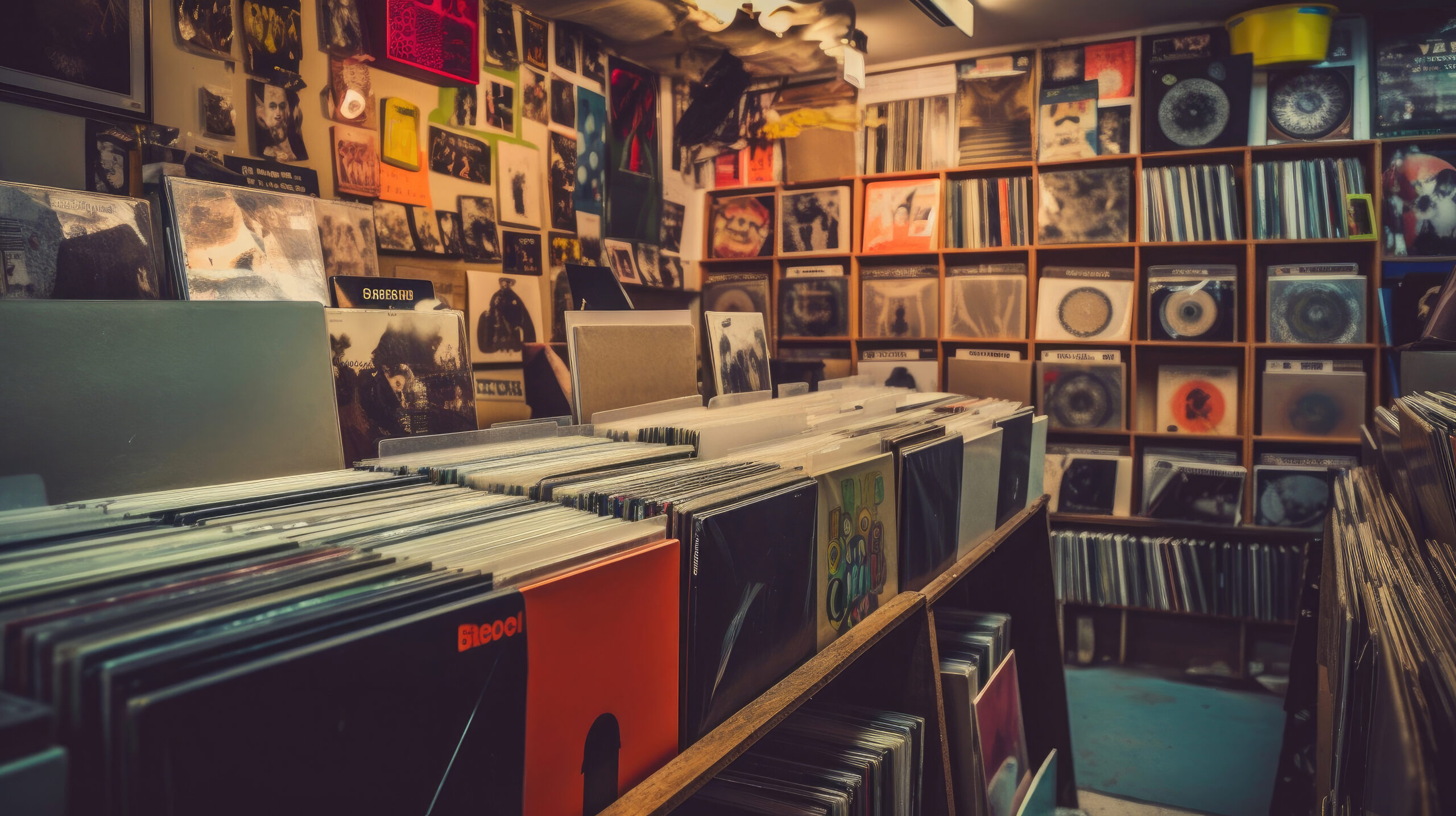 stacks of records on shelves and on the wall
